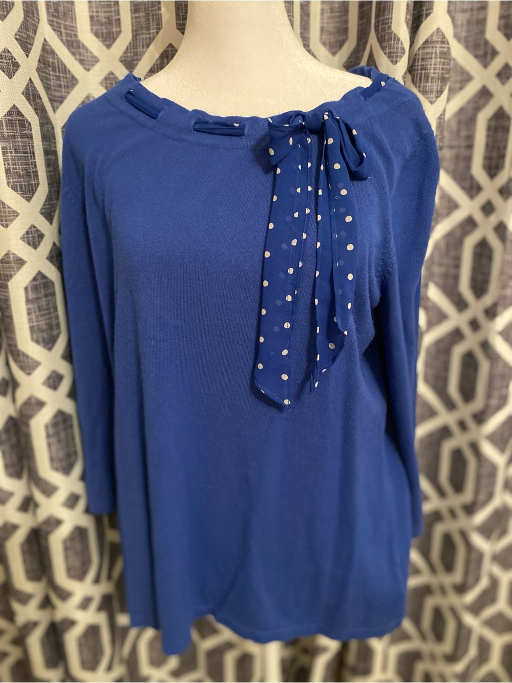 Nine & Co. Royal Blue Long-Sleeve Top with Polka Dot Neck Tie
